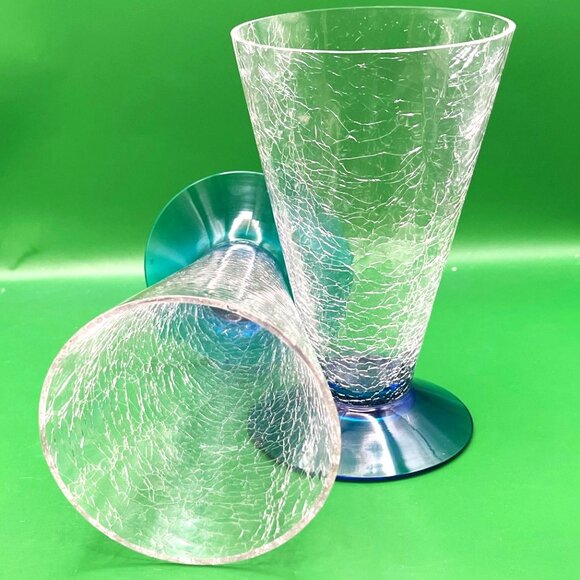 Mid Century Barware Drinking Glasses Crackle Glass Cone Shape Blue Base Set of 2 - Picture 8 of 13